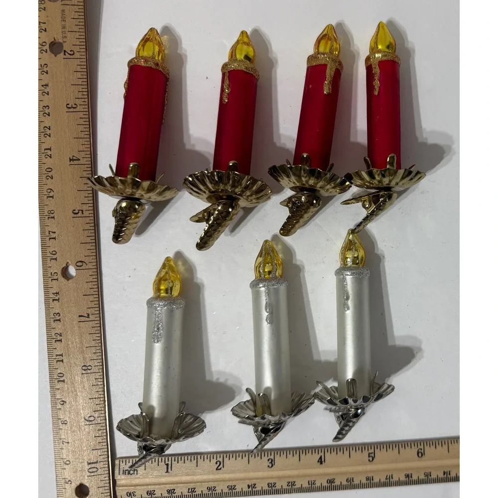 Vintage Style Glass Clip On Candle Christmas Ornaments Red White Glitter Set 7